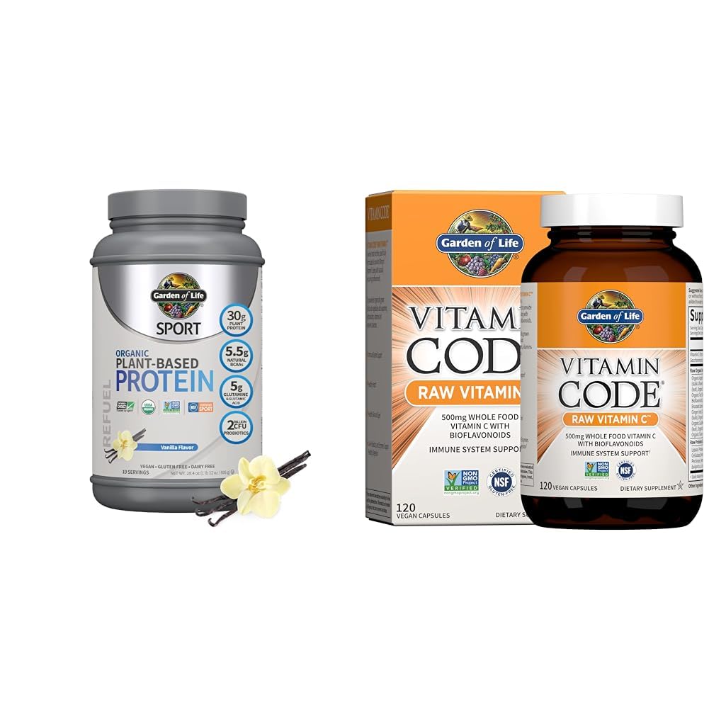 Garten des Lebens Bio Vegan Sport Protein Pulver, Vanille, 30g - Probiotika, BCAAs für Post Workout Erholung 19 Servierungen + Raw Vitamin Code Vitamin C, 120 Veg Kapseln
