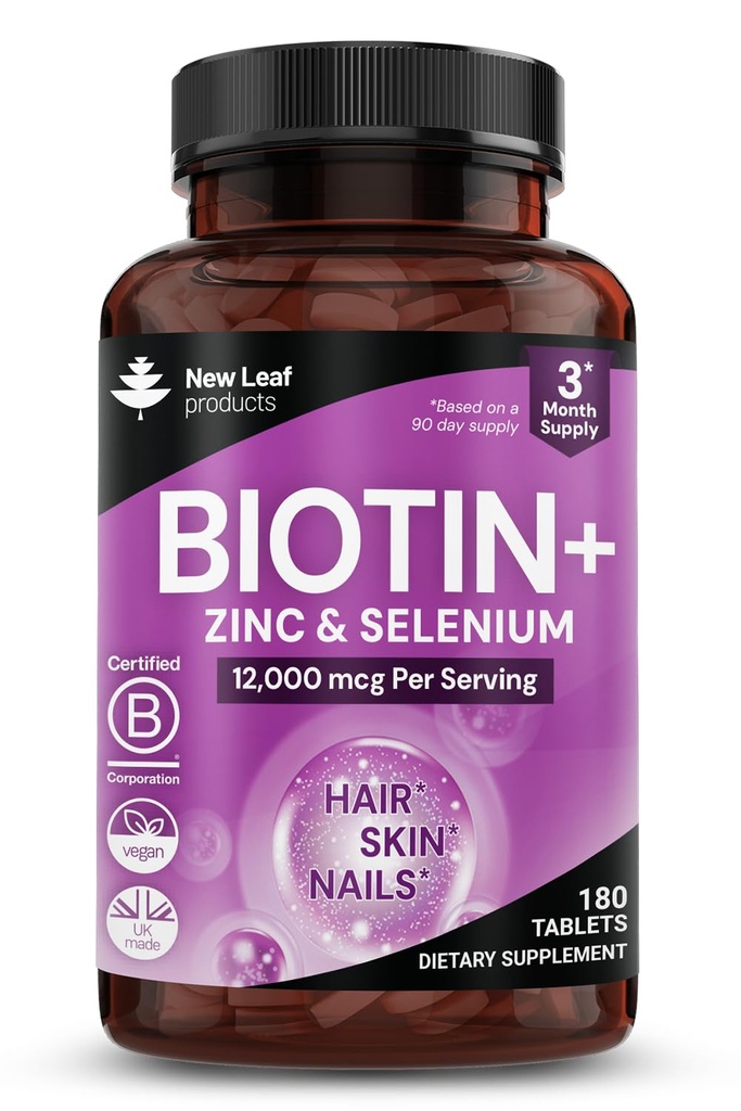 Biotin Haarwachstum Vitamine 12000mcg hohe Stärke mit Kokosöl - fördert gesundes Haar Haut und Nägel - Biotin Vitamine für Frauen und Männer Vegan, Glutenfreie Ergänzungen - Made in UK by New Leaf