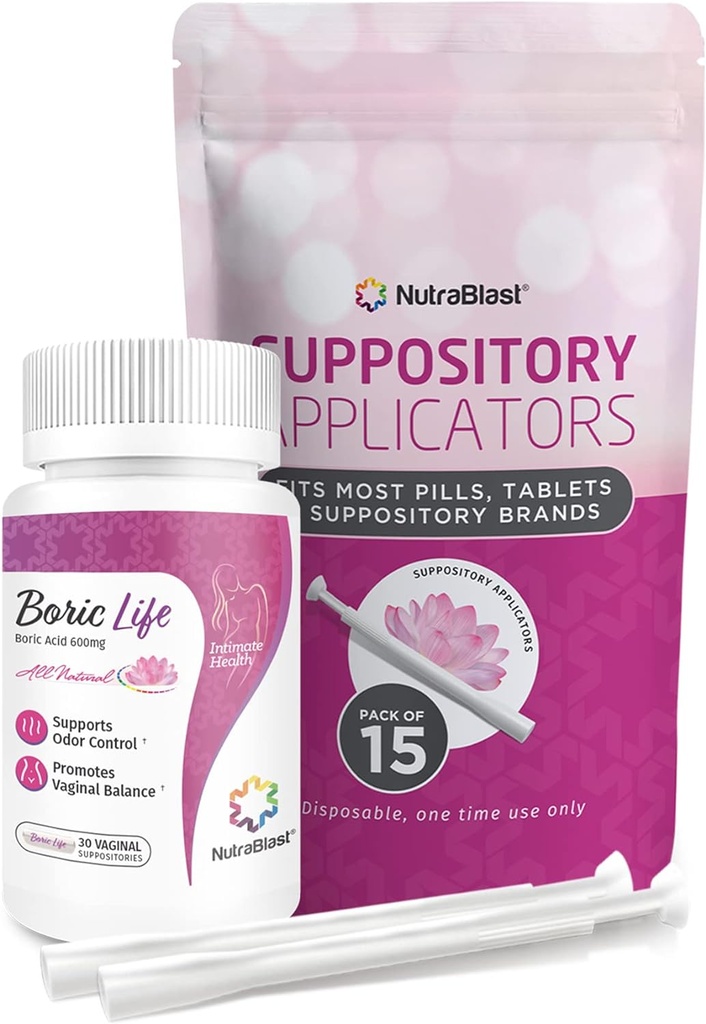 NutraBlast Acide borique Suppositoires vaginales 600mg avec Applicateur, 30 Suppositoires et 15 Applicateurs - Soins Féminins - Fabriqué aux États-Unis