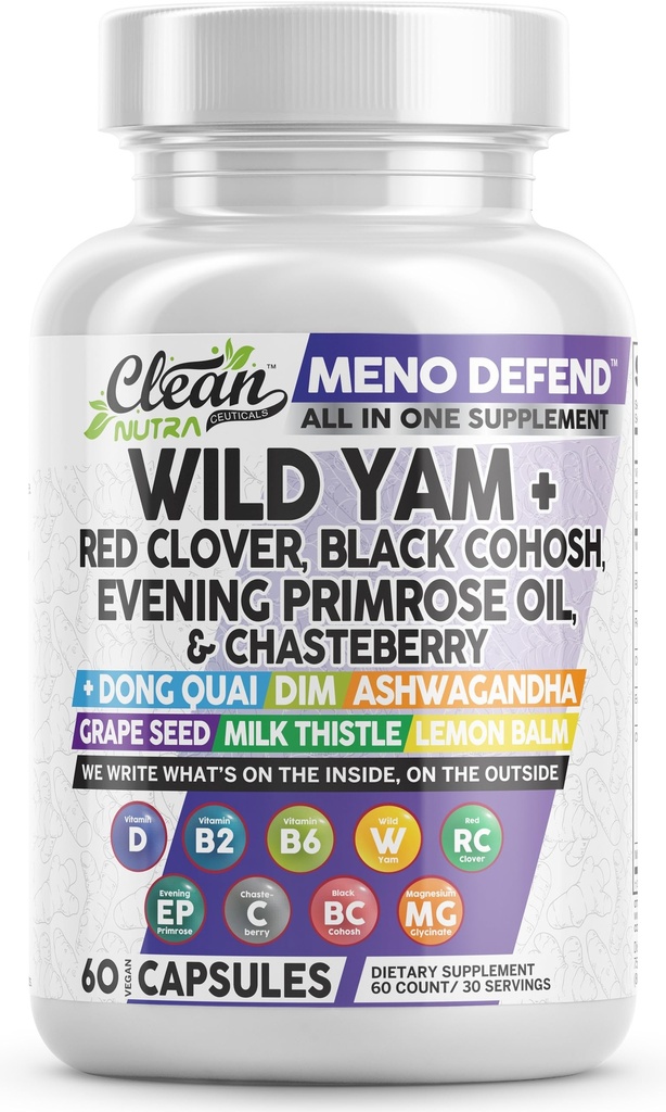 Nettoyer Nutra Wild Yam Root Capsules avec Red Clover Black Cohosh Soir Primrose Oil Chasteberry Dong Quai DIM Ashwagandha Graines de raisin Extrait de lait Thistle Lemon Balm et plus Hormone Balance pour les femmes