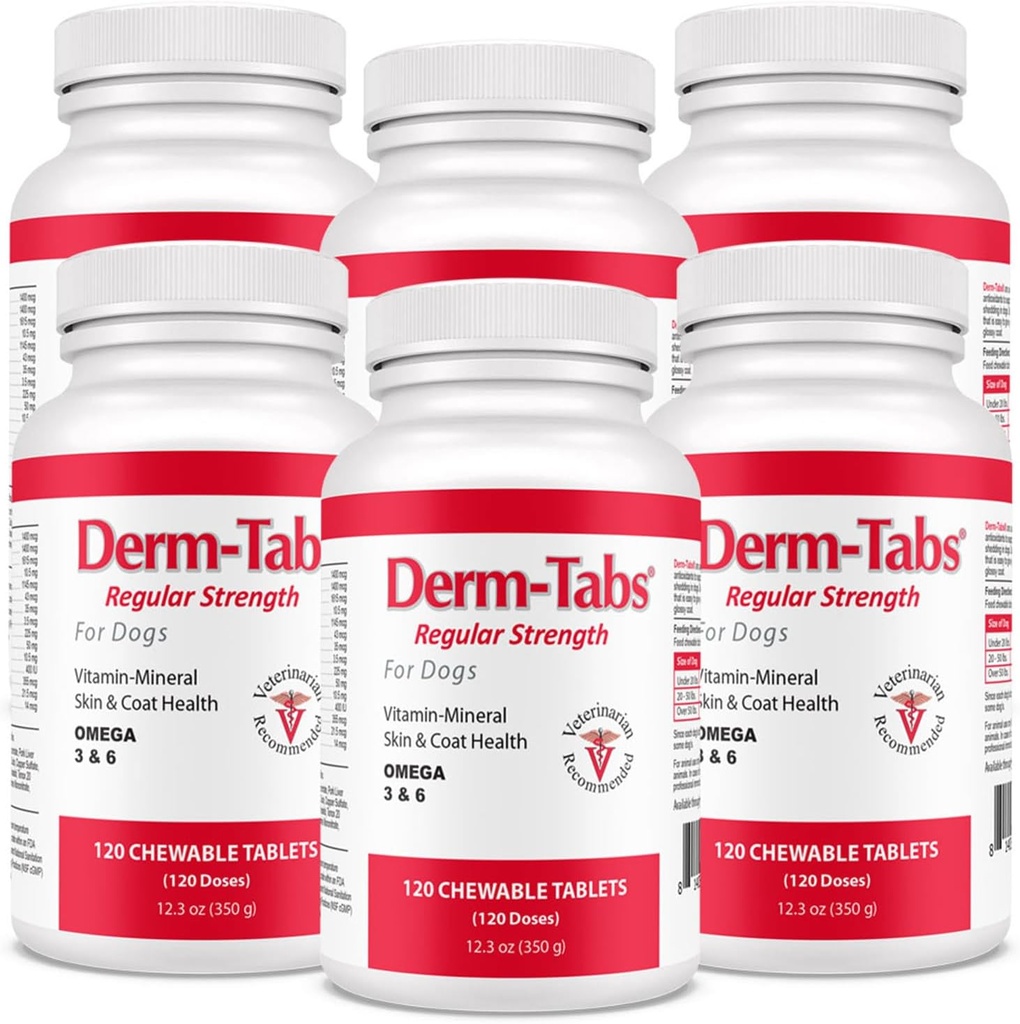 Derm Tabs Regelmäßige Stärke für Hunde - Natürliches Öl, Vitamine, Mineralstoffe und Antioxidantien - Unterstützt gesunde Haut und reduzieren Shedding - 720 Kautabletten