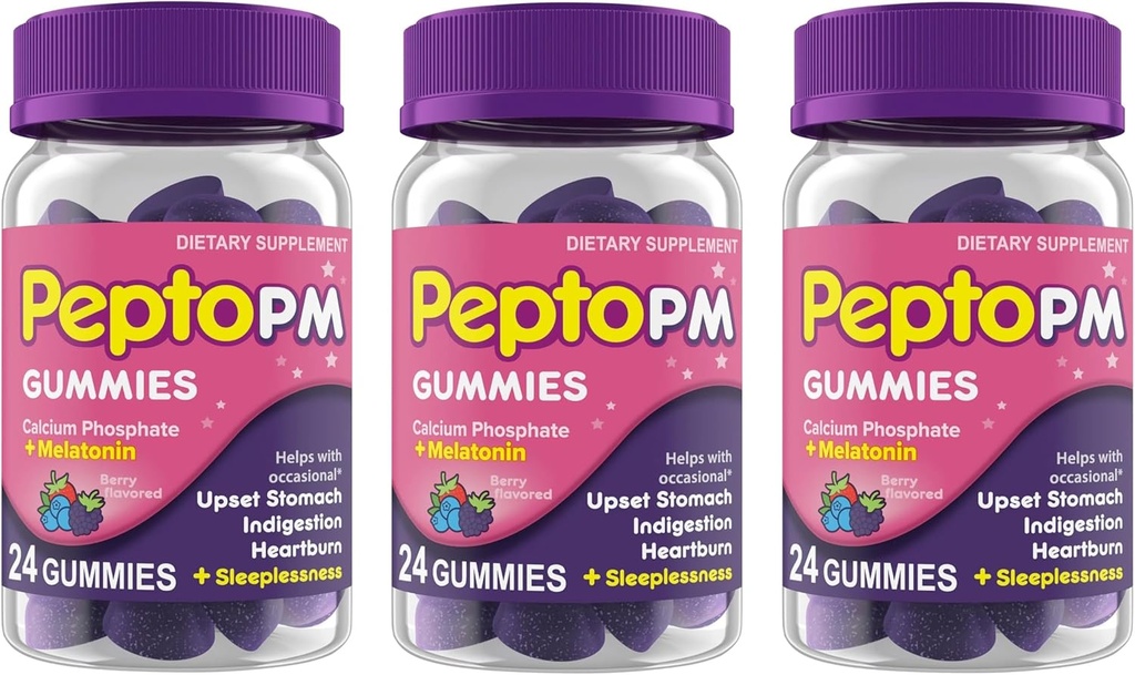 Pepto PM Gummies con Melatonina per il supporto del sonno, Rilievo digestivo rapido ed efficace da bruciore di stomaco, indigestione, upset Stomach e insonnia - Berry Flavor, 24 Ct (Pack of 3)