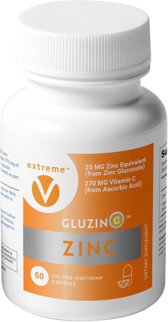 GluzinC Zink & Vitamin C Supplement | 25 mg Zink Gluconat + 270 mg Ascorbinsäure | Tägliche Immunnährstoffe | 60 Veg Caps