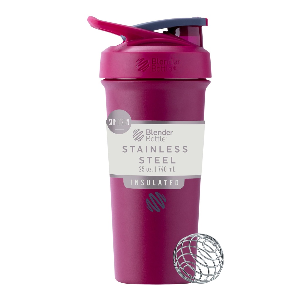 BlenderBottle Sport Sleek Inoxydable en acier inoxydable avec fouet de fil, 25-Ounce, framboise – Secous protéiques et hydratation pour les athlètes et les passionnés de fitness, mélange facile, mince facile à tenir, garde les boissons froides et verrouillables