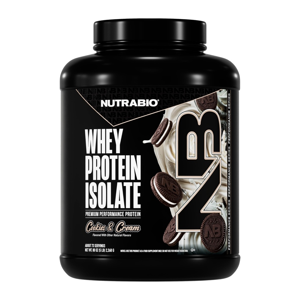 NutraBio 100% Whey Protein Isolate Protéine Poudre, 25g Protéine avec profil complet d'acide aminé, sans soja et sans gluten, faible teneur en glucides et faible teneur en calories Whey Protein Poudre, biscuits et crème, 5 Lbs.
