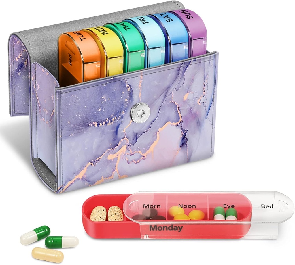 FINPAC Weekly Pill Organizers 4 fois par jour, glissière ouverte PU cas de voyage en cuir Pill vitaminique rappel et planificateur avec carte de nom pour le matin