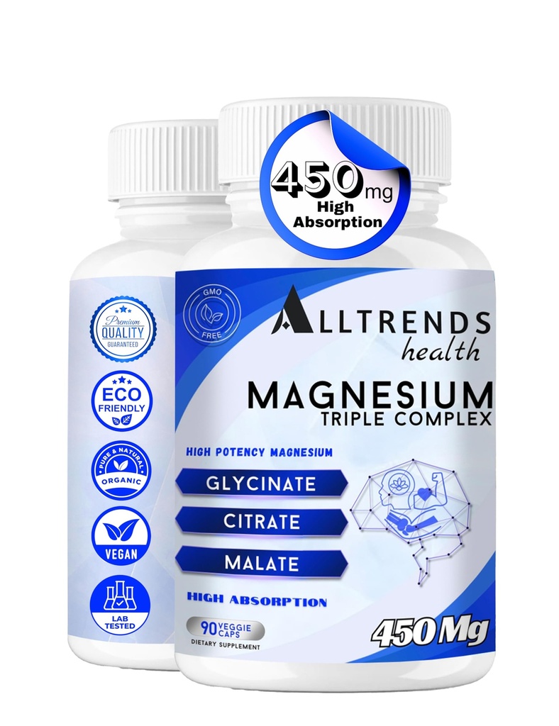 Triple Magnesium Complex | High Potency Magnesium 450mg Magnesium Glycinat, Malate & Citrate | Hohe Absorption | Non-GMO, Glutenfrei, Sojafrei, Vegan | 90 Kapseln.