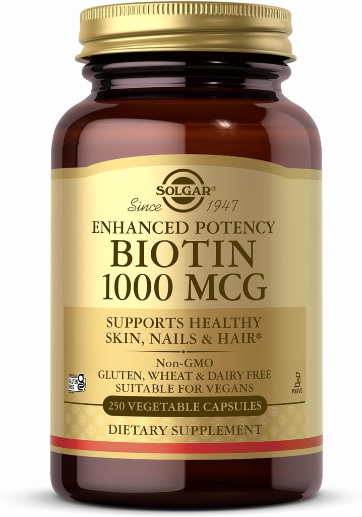 Solgar Biotin 1000 mcg - 250 Gemüsekapseln - Unterstützt gesunde Haut, Nägel & Haar - Non-GMO, Vegan, Glutenfrei, Dairy Free, Kosher - 250 Servierungen
