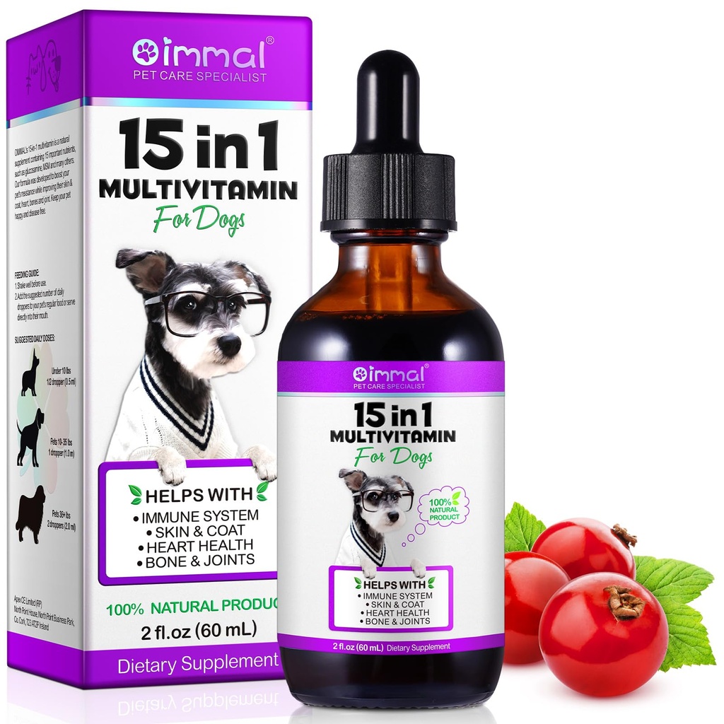 15 in 1 Hund Multivitamin, All-in-One Multi-Flüssig-Multivitamin für Hunde, Hunde-Vitamine und Ergänzung mit Verdauung, Immunität, Allergy Skin & Coat-Unterstützung, Hip & Joint, All Ages, Breeds 2 oz
