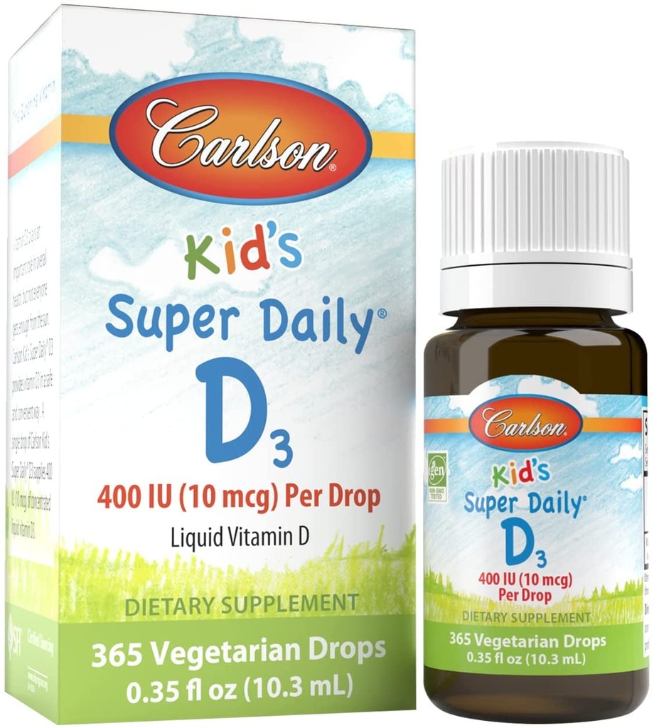 Carlson - Kid's Super Daily D3, Vitamin D Drops for Kids, 400 IU per drop, 1-Year Supply, Heart & Immune Health, Vegetarian, Liquid Vitamin D Drops, Unflavored, 365 drops