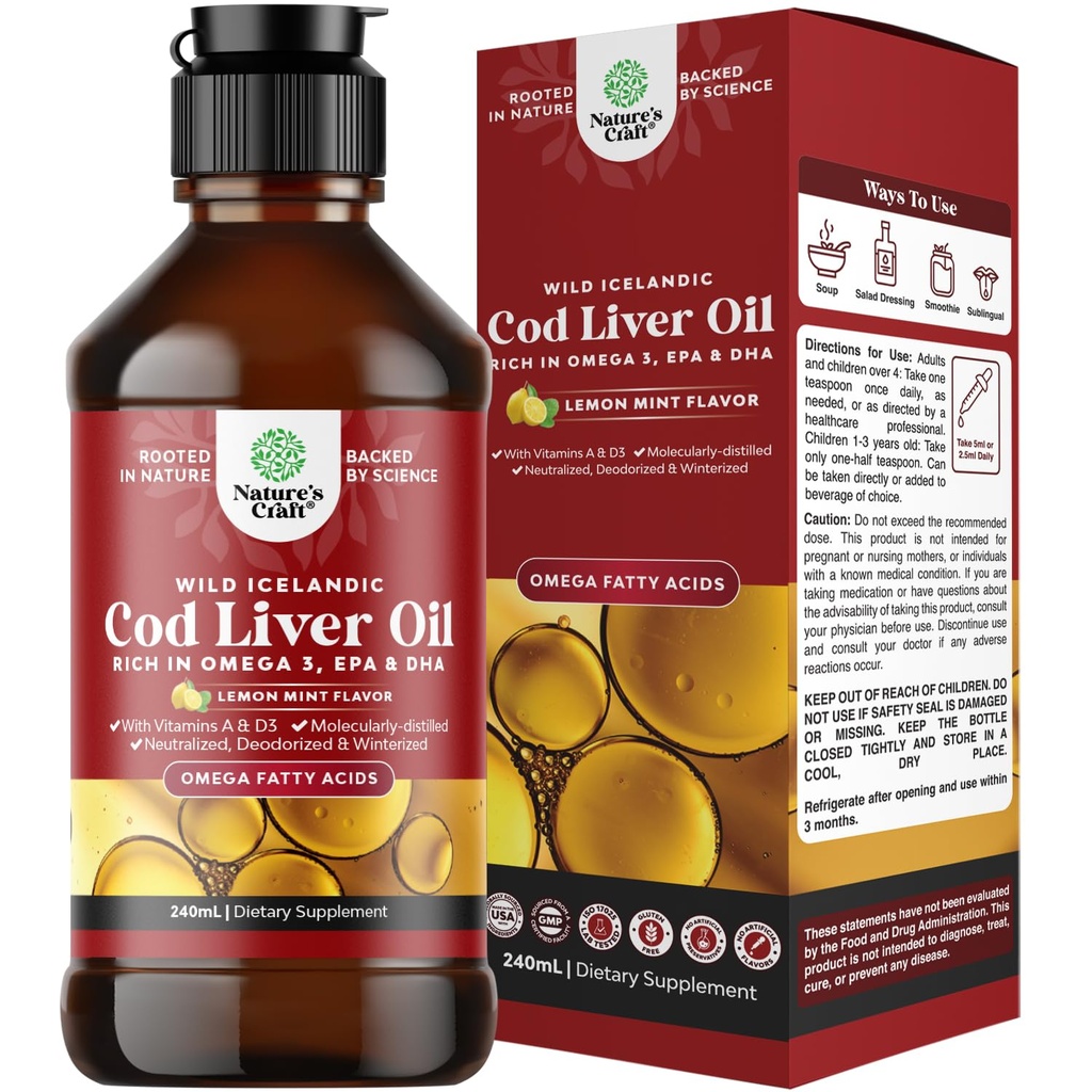 Icelandic Wild Caught Cod Liver Oil Liquid - Fish Oil Drops mit Omega 3, EPA, DHA, Vitamin D & A - Liquid Cod Liver Supplement für Herz, Gelenk, Gehirn & Immununterstützung - 240 ml (8 Unze)