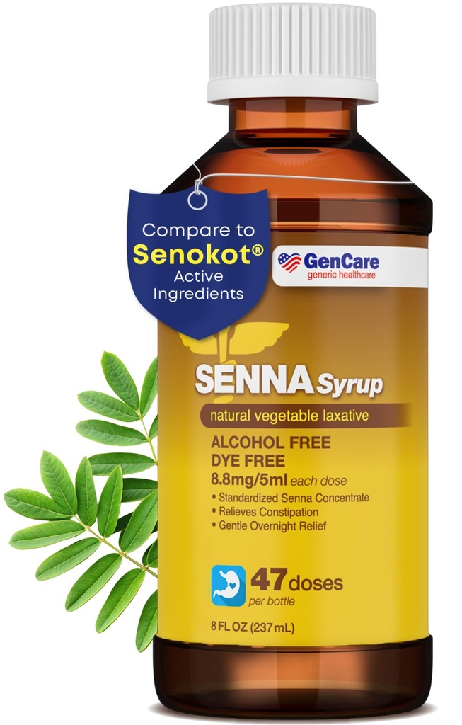 GenCare - Senna Syrup Liquid Laxative (8 Fl Oz Bottle) Alle natürlichen Gemüse Sennosides Active Ingredient | Einfach zu Schlucken Constipation Relief für Erwachsene und Kinder 12 und älter | Beste Wertgröße