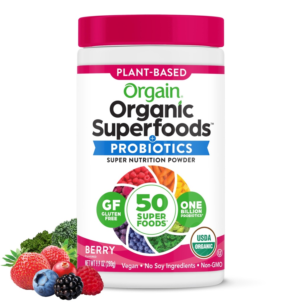 Orgain Organic Greens Powder + 50 Superfoods, Berry - 1 miliardo di Probiotici per la salute digestiva, antiossidanti, vegano, piantato, senza glutine, non OGM, succo verde & Smoothie Drink Mix - 0.62lb
