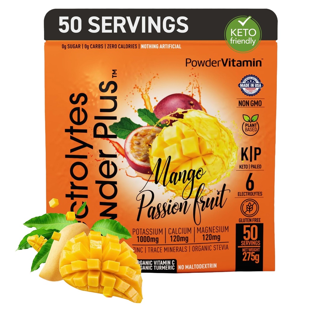 PulverVitamin Elektrolyte Pulver Plus (50 Portionen) Mango Passionfruit Elektrolyt Pulver Zero Calorie Keto, 0 Zucker, kein Maltodextrin, 1000mg Kalium, 120mg Calcium, 120mg Magnesium, Hydration Pulver