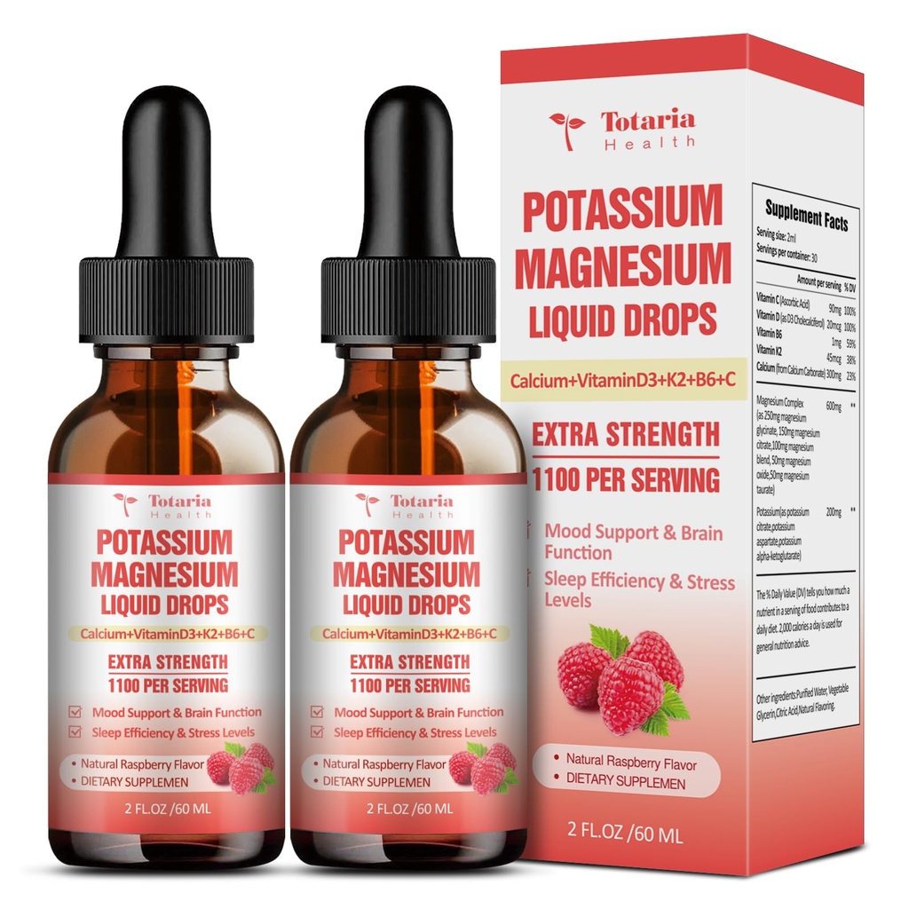 Potassio Magnesio Integratore Liquido Gocce - Alto Assorbimento Supplemento di Potassio con Magnesio, Calcio, Vitamina D3 K2, Vegan, Non OGM Potasio Supporto Gambe, Bone, Muscolo - 4 Fl oz