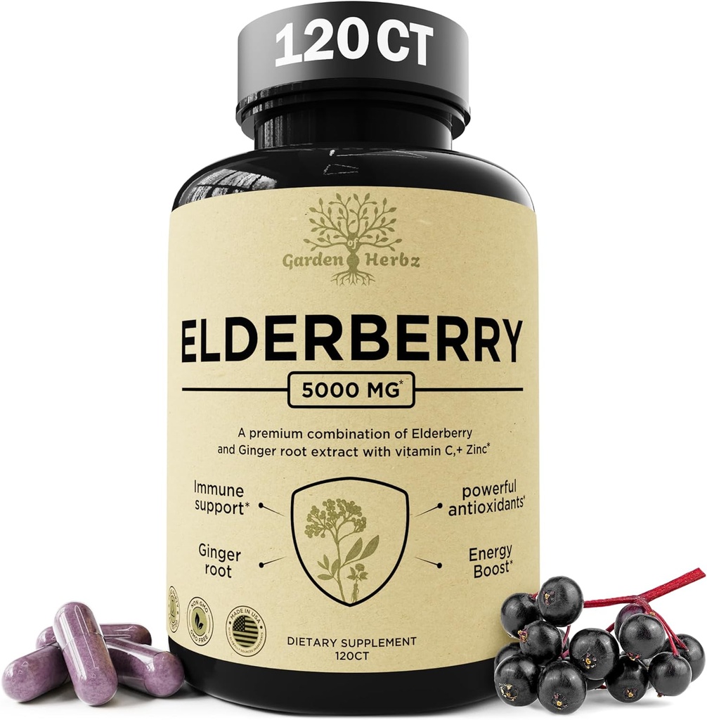 Elderberry avec vitamine C, zinc et gingembre – Potent Immune Booster 5000 Mg Elderberry, zinc et vitamine C – Vitamines non-OGM pour adultes pour vous aider à vous sentir vivant, 120 capsules
