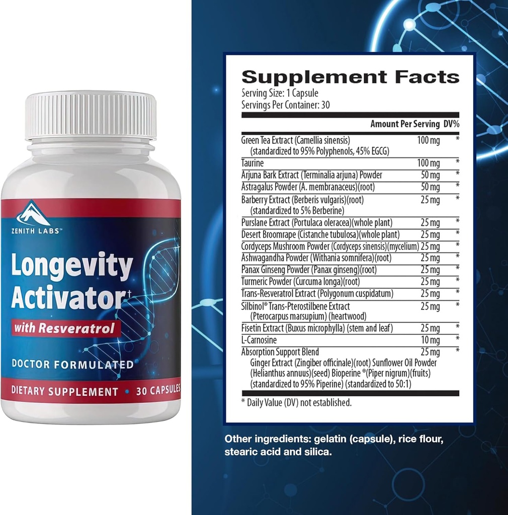 Zenith Labs Langlebigkeitsaktivator Anti-Aging-Ergänzung Nahrungsergänzungsmittel, natürliche Antioxidantien mit Resveratrol - Unterstützt Immunfunktion und gesundes Gedächtnis, 3 Pack