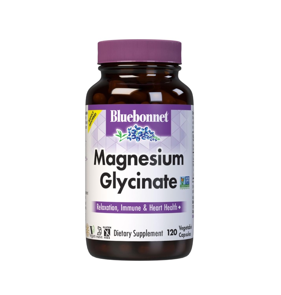 Bluebonnet Nutrition Glycinate de magnésium 400mg Absorption maximale Complexe minéral soutient la production d'énergie et la fonction enzymatique - Non-OGM, sans soja, sans gluten - 120 Capsules de légumes
