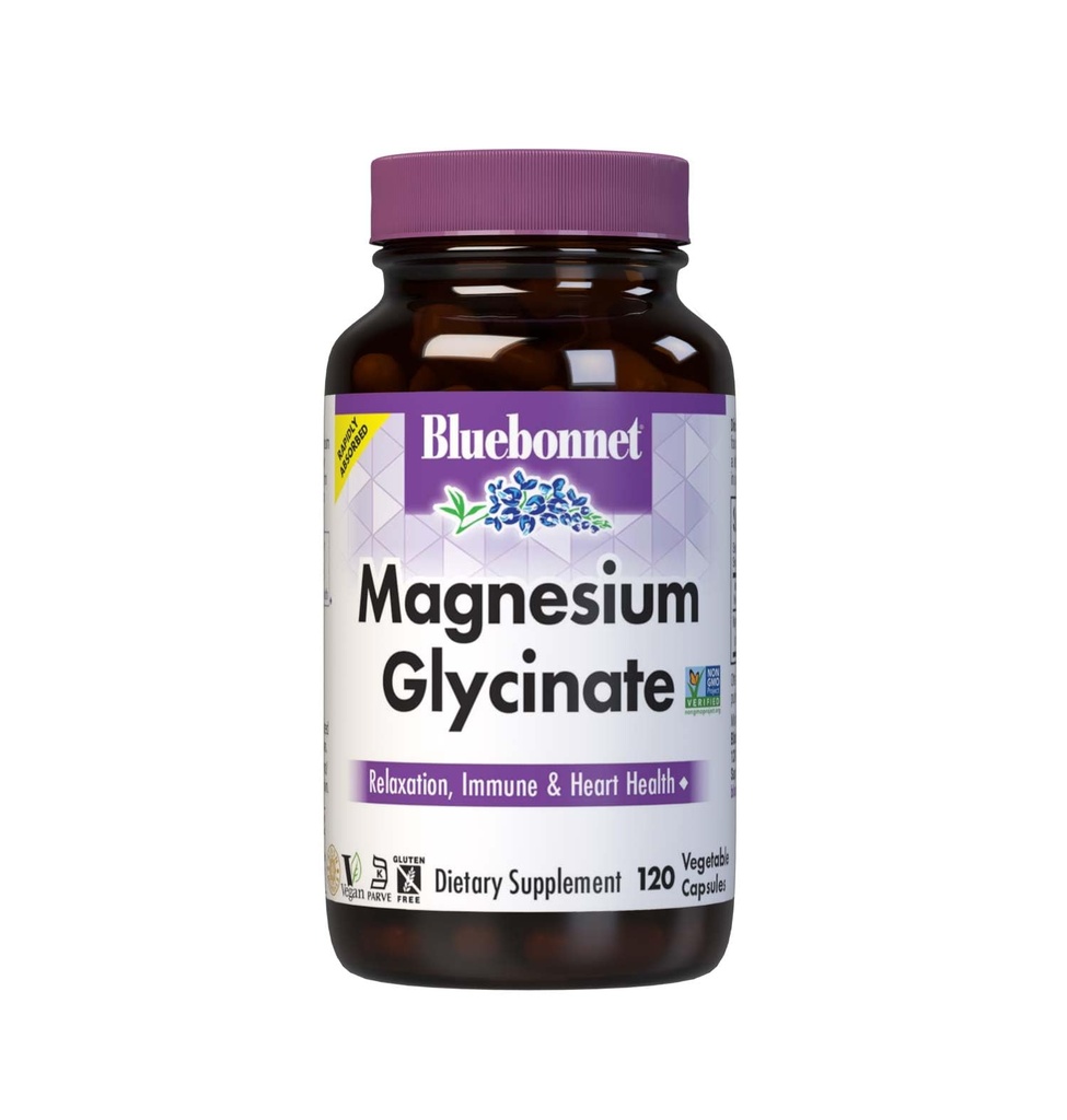 Bluebonnet Nutrition Magnesium Glycinate 400mg Assorbimento massimo Complesso Minerale Supporta la Produzione Energetica & Enzima Funzione - Non-GMO, Soia-Free, Gluten-Free - 120 capsule vegetali