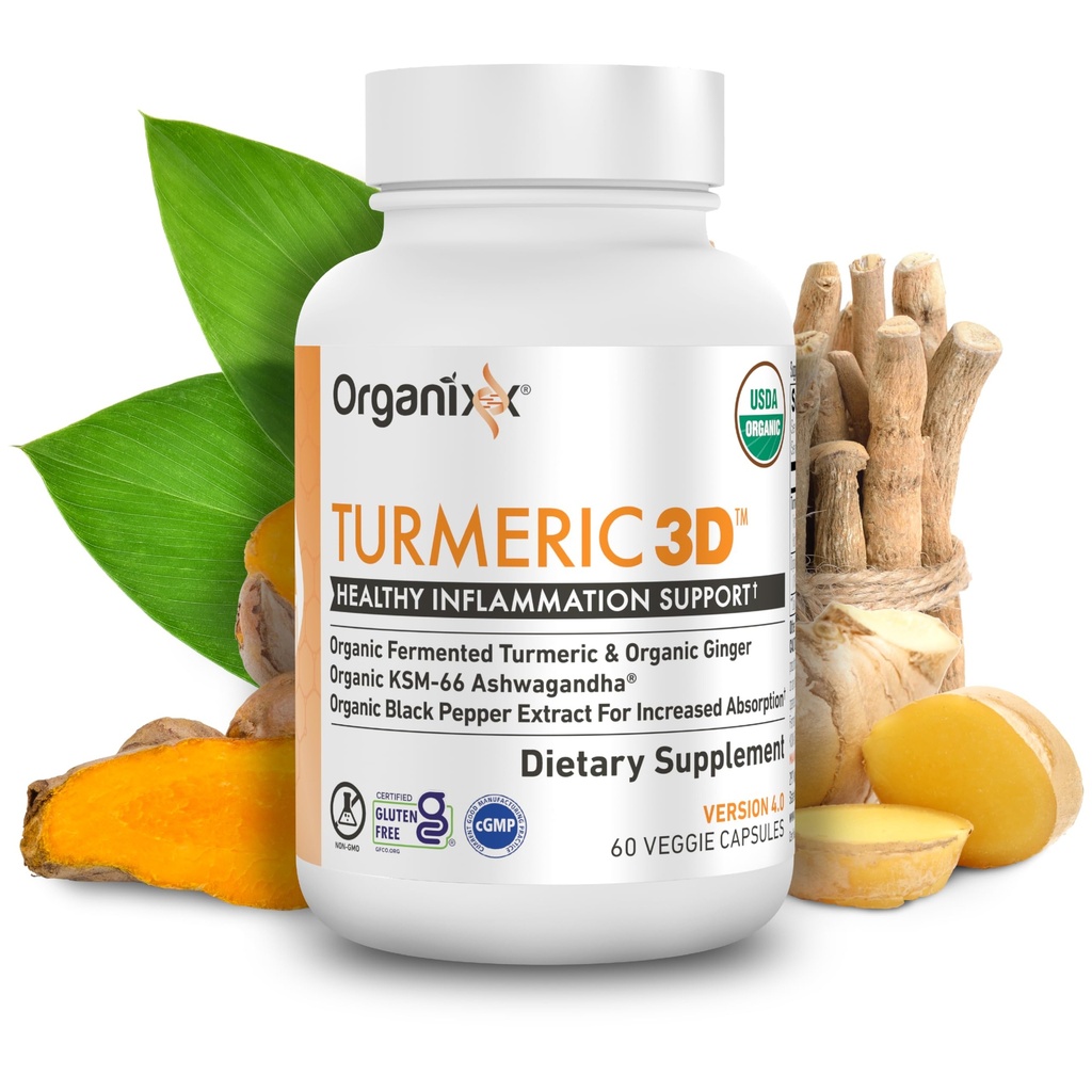 Organixx USDA Organic Curcumin Supplemento con Ashwagandha, Turmeric & Ginger – Immune & Joint Support, Fermented for Maximum Bioavailability, 60 Capsule Vegetariani