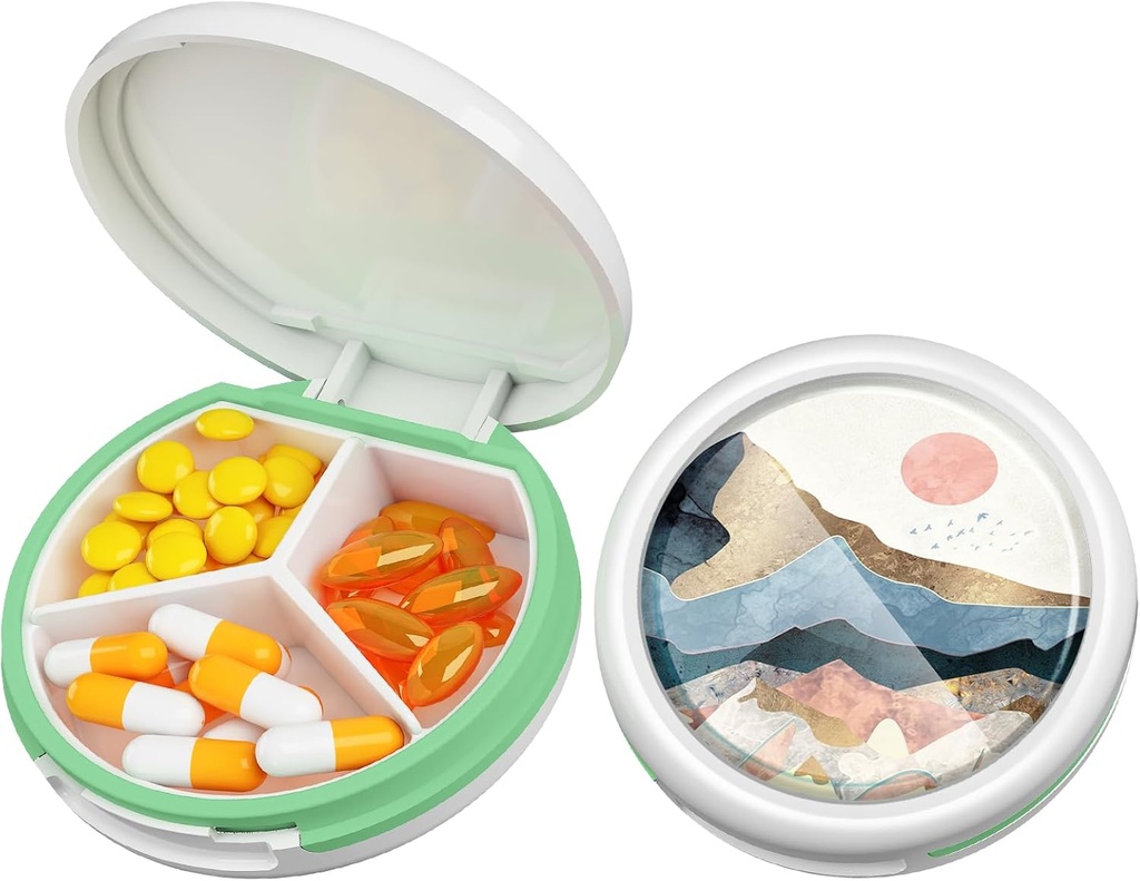 Serfeymi Small Pill Box - 3 scomparti Portatile Pill Box per Purse Pocket, Compact Mini Travel Pill Case - Adatto per Medicina, Vitamina, Olio di Pesce, Integratori - Bianco(Mountain Sunrise)