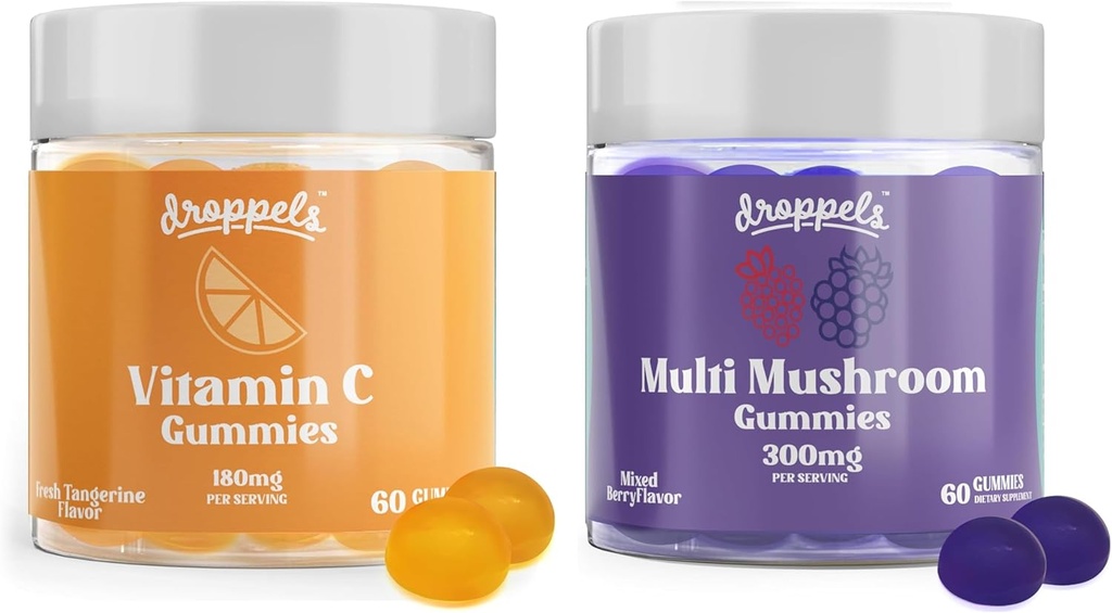 Gocce Multi Mushroom & Vitamina C Gummies Bundle | Vegan Immune Support Supplemento | Estratto di funghi con Reishi, Lion’s Mane, Chaga & More + 180mg Vitamin C | Bacche miste & Tangerine Sapori, 2
