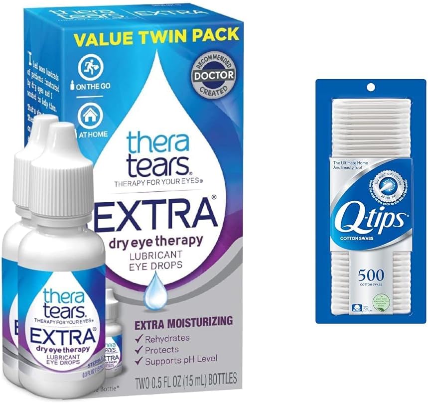 TheraTears Extra Dry Eye Drops 0.5 fl oz 2 Conte con Q-Tips 100% cotone Swabs 500 Conte