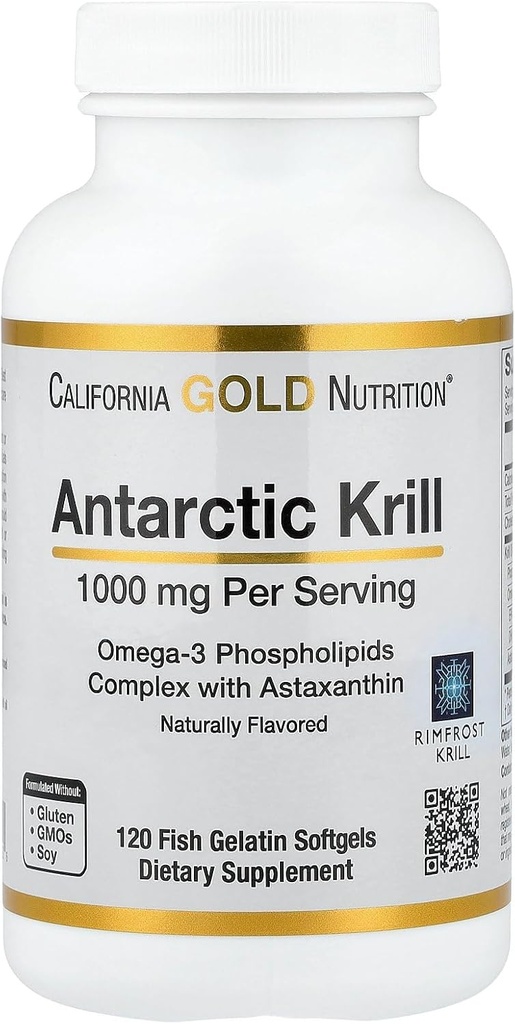 California Gold Nutrition Antarctic Krill Oil, Omega-3 Phospholipides avec l'astaxanthine naturellement présente, fraise naturelle et saveur de citron, non OGM, 1 000 mg, 120 softgels de gélatine de poisson