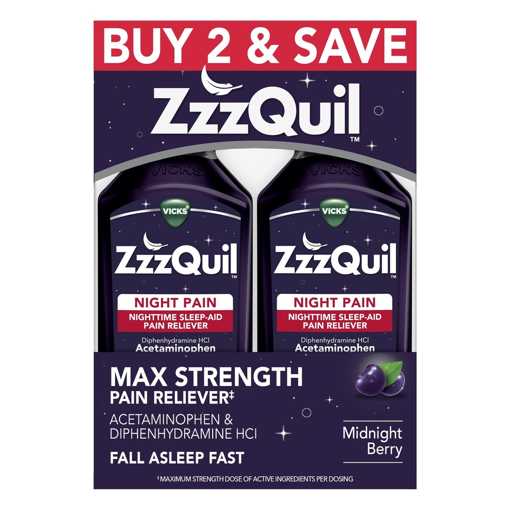 Liquido ZzzQuil, Rilievo di dolore di massima resistenza, Liquido di aiuto di notte, Acetaminophen 1000mg, Difenidramina 50mg HCI, Formatura non-Habit, Aroma di bacca di mezzanotte, 2 Pack, 24 FL OZ