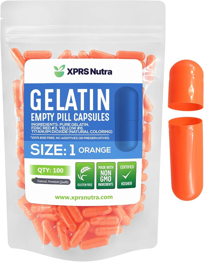 XPRS Nutra Size 1 Capsule Vuoti - 100 Conta Capsule Gelatini Vuoti - Riempimento Pillola Capsule fai da te - Pure Bovine Pill Gel Caps per Do-It-Yourself Supplements (Orange)