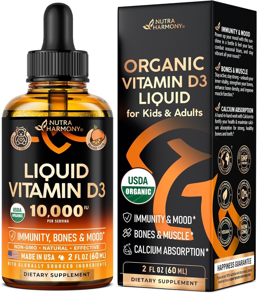 USDA Bio Vitamin D3 10000iu - Vitamin D Tropfen für Infants, Kinder & Erwachsene, Schwangerschaft & Kinder Safe - Immunsystem, Stimmung, Knochen Gesundheit & Muskelunterstützung - Natürliche Orange Geschmack - 2 fl oz, 60 ml