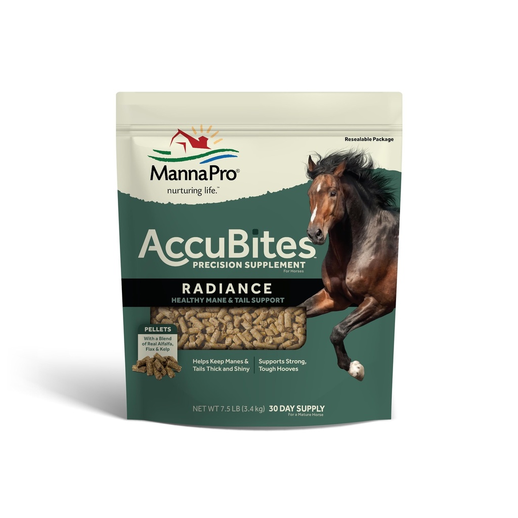 Manna Pro AccuBites Radiance Equine Supplemento – Pelle & Cappotto, Vitamine essenziali & Hoof Salute per cavalli – Confezionato con Omega 3, 6, & Biotin – Manutenzione Main & Tail – Alfalfa Aromaed – 7.5 lbs