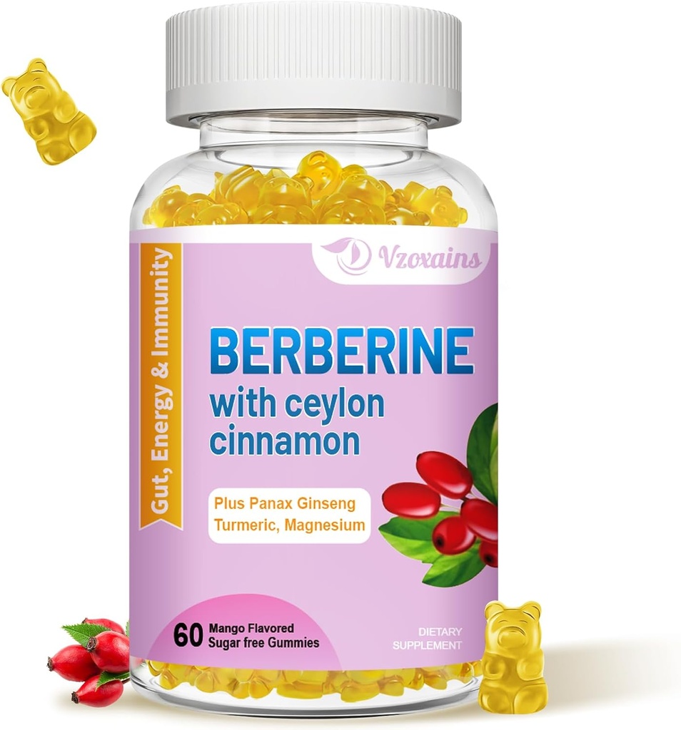 Berbérine avec Gummées Ceylan Cinnamon, Supplément HCI Berbérine haute puissance, Soutien de santé immunitaire, 60 Gummées aromatisées mangues