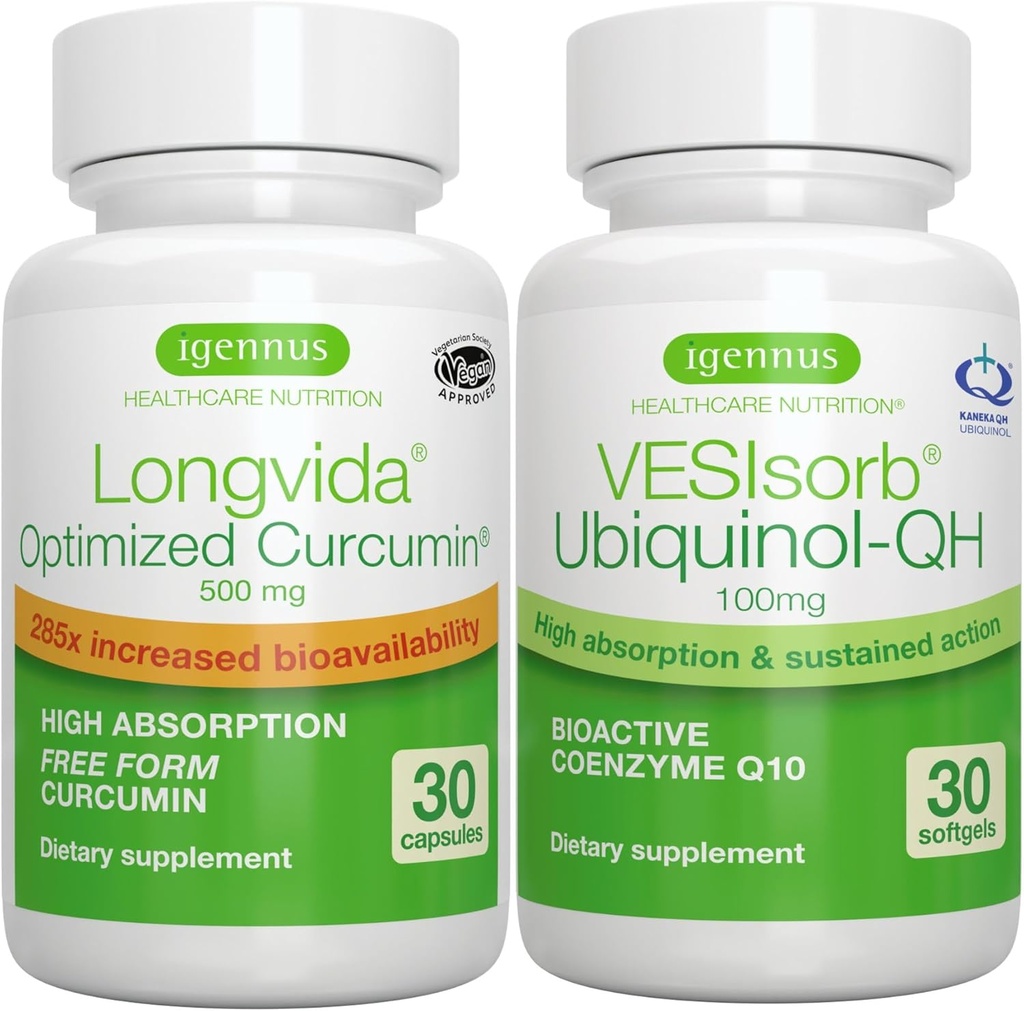 Longvida Curcumin 500mg + VESIsorb Ubiquinol-QH Advanced CoQ10 100mg Bundle, Ultra Biodisponible Curcumin avec Biodisponible et Ubiquinol à action rapide, par Igennus