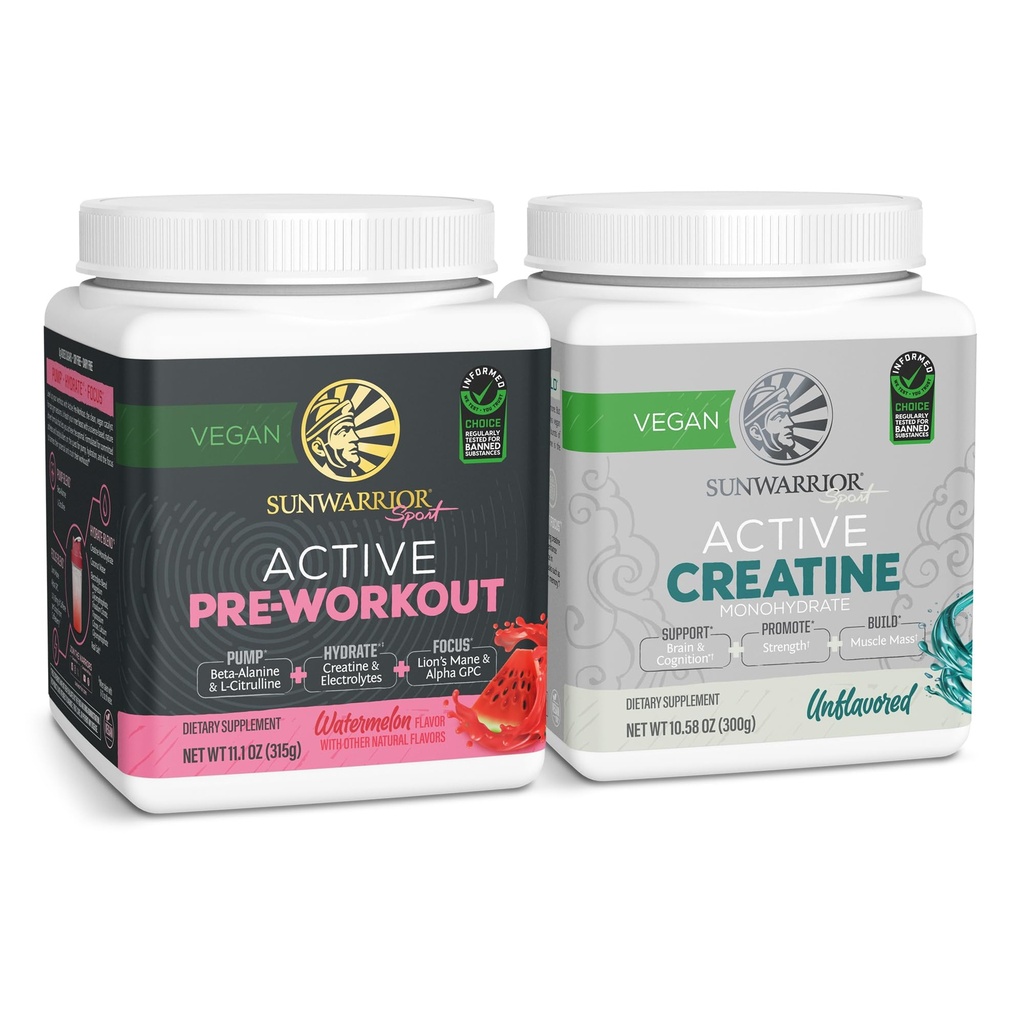 Sunwarrior Pre-Workout Pulver Pflanzen-Based & Vegan | 30 Servierungen, Wassermelone & Kreatin Monohydrat Pulver | Unflavored, 60 Servierungen