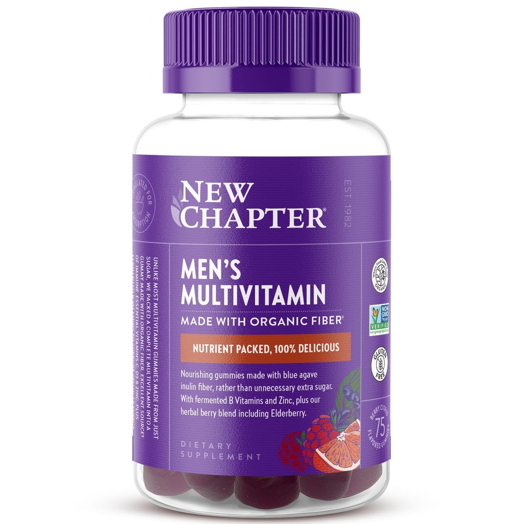 Nouveau Chapitre Hommes Multivitamines Gummies, 57% Moins de sucre, Hommes Vitamines Gummy avec Vitamine C, D3 et Zinc, Non-OGM, Sans gluten, Berry-Citrus, 75ct