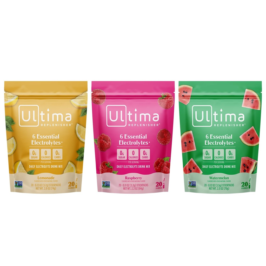 Ultima Replenisher Mélange de poudre d'électrolyte – sans sucre – Cimonade et framboise et pastèque, 20 Stickpacks – 6 électrolytes et minéraux – Keto Friendly, Vegan, Non-OGM