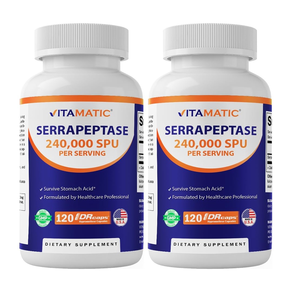 Serrapeptase vitamatique 240 000 portions de SPU, 120 capsules libérées avec retard - enduit entérique - non-OGM- fabriqué aux États-Unis (120 Nombre (paquet de 2))