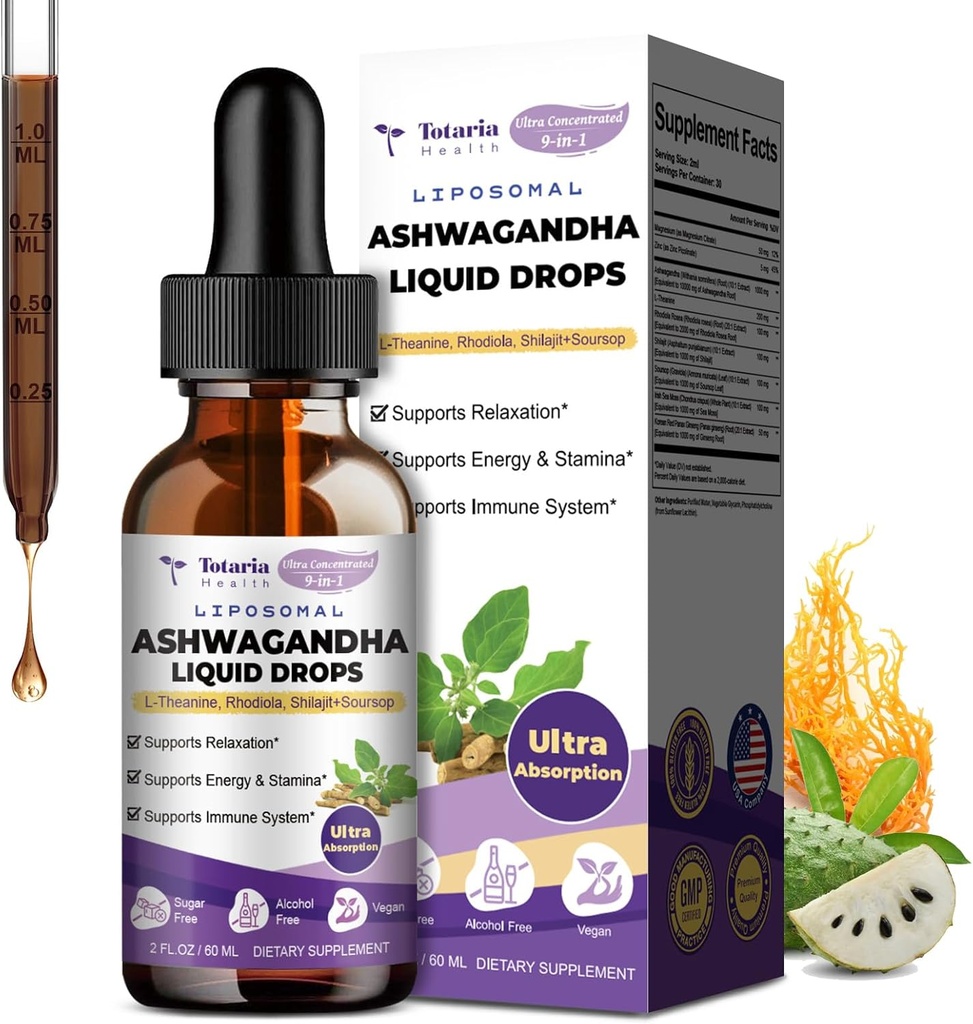 Totaria Liposomal Ashwagandha Liquid Drops, Ultra Strength Ashwa Root Extract Supplement with Shilajit, Ginseng, Magnesium, Soursop, L-Theanine, 60ml