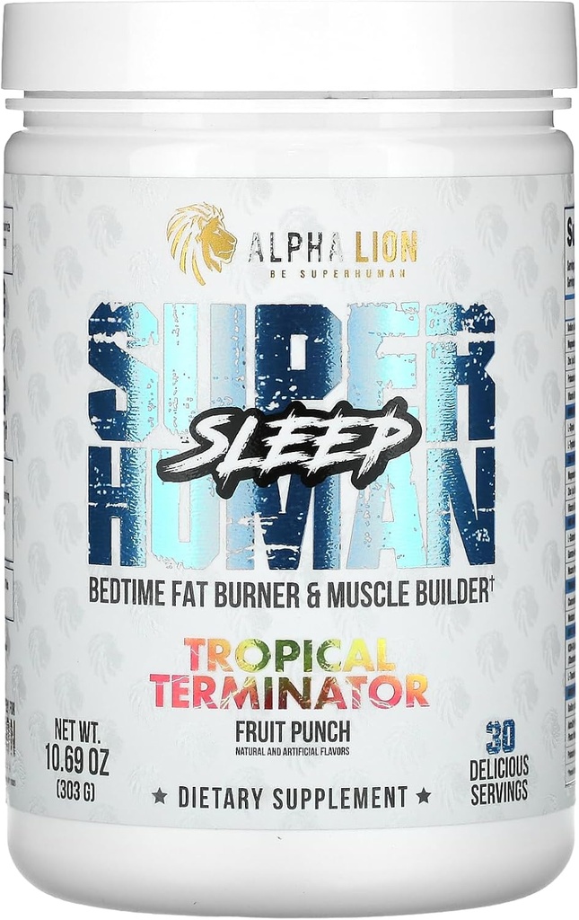 ALPHA LION Superhuman Sleep Supplement, Night Time Aid, Muscle Recovery, Muscle Builder & Gainer, Improves Body Composition (30 Servings, Fruit Punch Flavor)