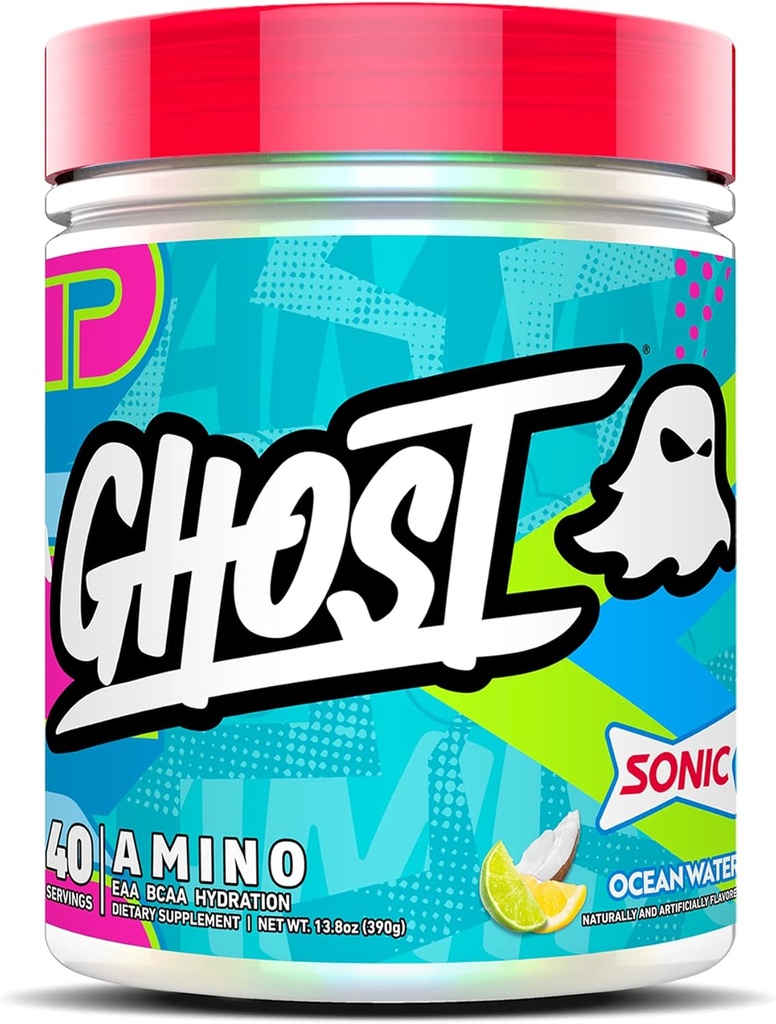 GHOST Amino: Supplément essentiel à l'acide aminé, eau de mer sonique - 40 portions - Poudre intra-entraînement pour l'hydratation et la récupération 4,5g BCAA et 5,5g EAA - Sans soja et sans gluten, végétalien
