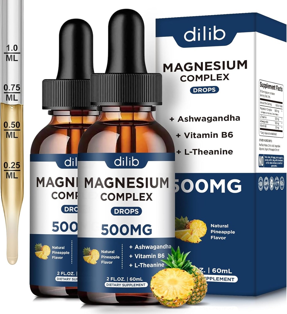 Magnesio Glycinate Liquid Drops 500mg - Triple Magnesium Complex Supplemento con Citrato, Malate, Ashwagandha, L-teanina, Vitamina B6 per il sonno, Stress sollievo, Muscolo, Ananas Flavor 4 Fl Oz
