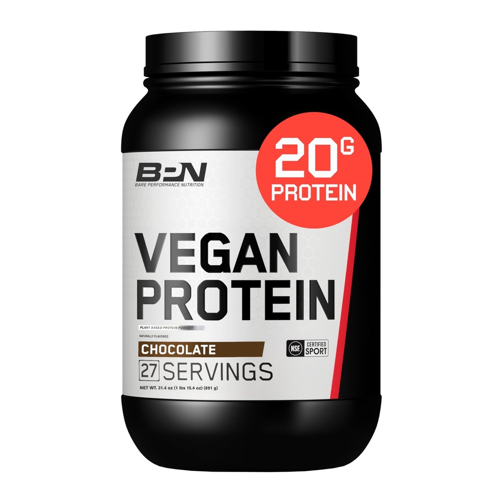 BARE PERFORMANCE NUTRITION Vegan Protein, Pflanzenbasiertes Protein, Pea Protein, Wassermelonprotein und Kürbisprotein, Natürlich süß und aromatisiert (27 Servierungen, Schokolade)