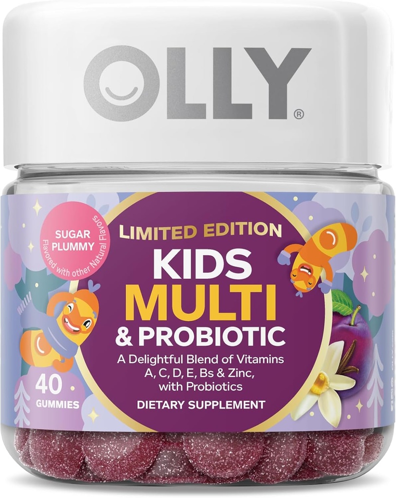 OLLY Kids Multivitamin & Probiotic, Limited Edition, Verdauungshilfe, Vitamine A, D, C, E, B, Zink, Kaubare Beilage, Zucker Pflaumen - 40ct
