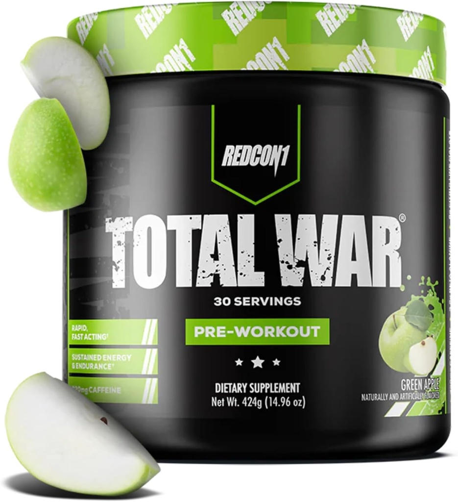 REDCON1 Préentraînement de guerre totale, pomme verte - Préentraînement caféiné à action rapide pour les hommes + femmes avec Beta Alanine - contient du malate de citrulline pour la pompe augmentée, le flux sanguin (30 portions)