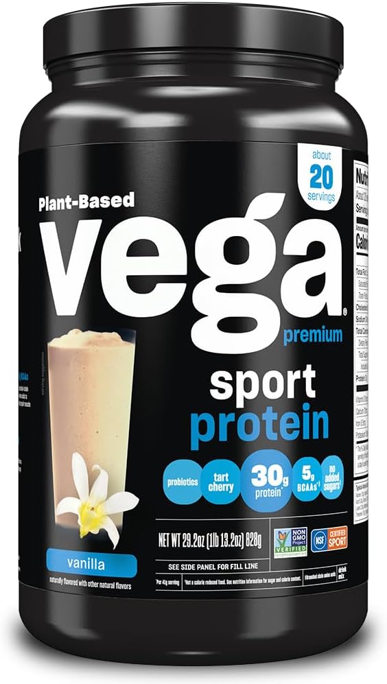 Vega Premium Protéines Vanille Poudre de protéines, Vegan, Non OGM, Mélange de poudre de protéines sans gluten, NSF certifié pour le sport, 29,2 oz