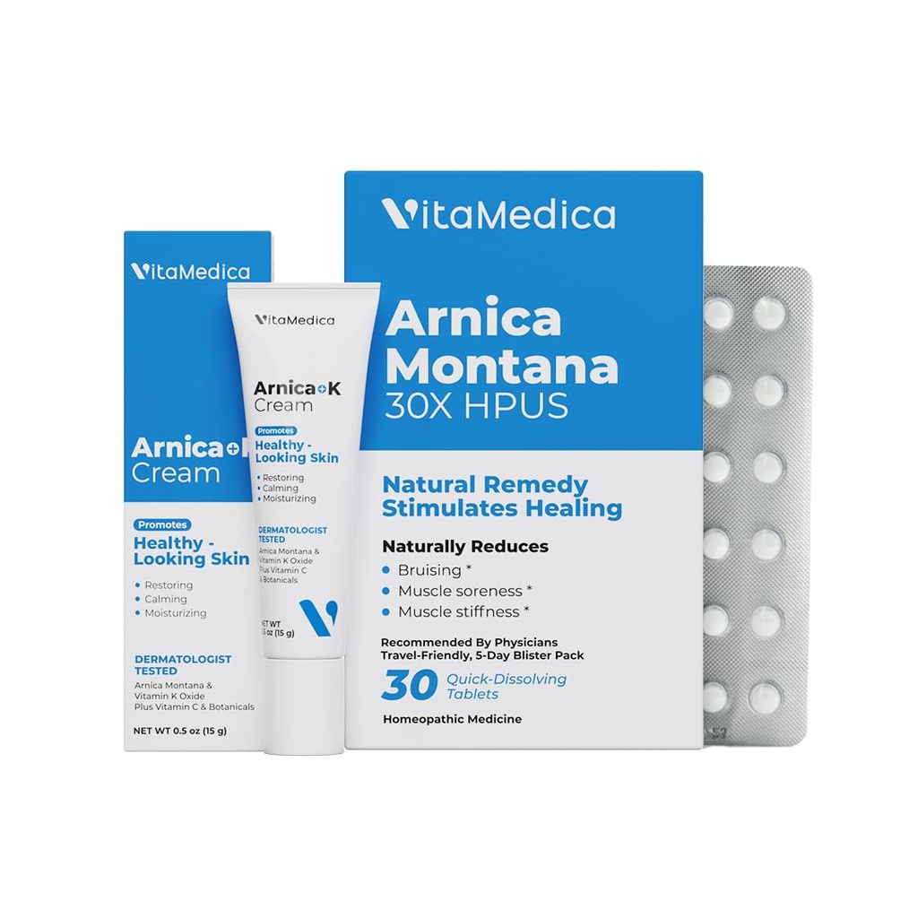 VitaMedica | Arnica Filler Kit Bundle | Arnica Montana 30X Blister Pack + Arnica & Vitamin K Topical Cream | Vitamina K Topical Cream | Softens, Calms, Moisturizes, & Restores Bruised Skin | Recovery