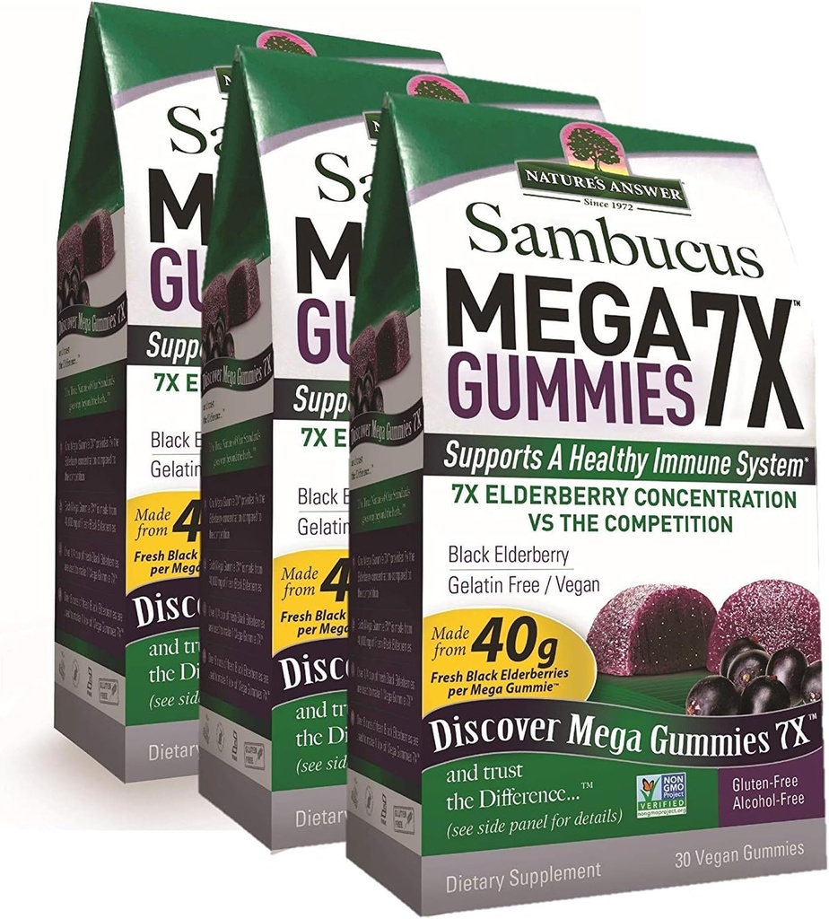 Natur Antwort Sambucus Mega Gummies | 7X Mehr Elderberry Konzentration | Alkoholfrei, Glutenfrei, Gelatin-frei, Vegan, Non-GMO und keine Konservierungsstoffe | 30ct Gummies (Pack mit 3)