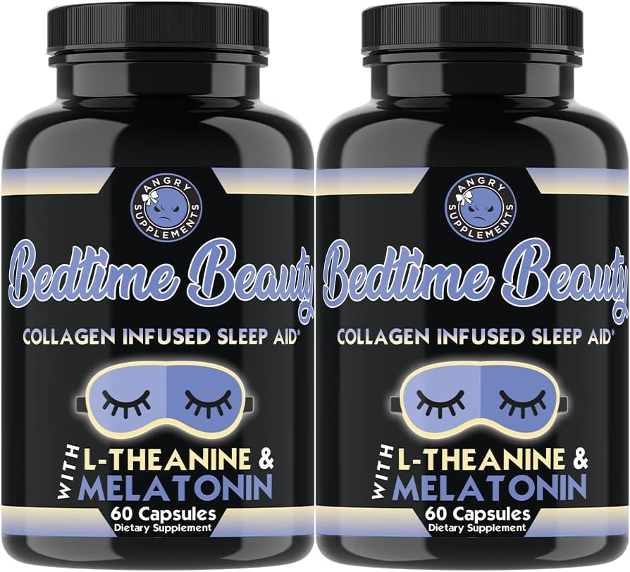 Bellezza Bedtime, Collagen Infuse Night Time Sleep Aid, Tutti i Pillole Naturali con L-teanina, Melatonina, Magnesio e Acido Ialuronico da Angry Supplements (2-Bottles)