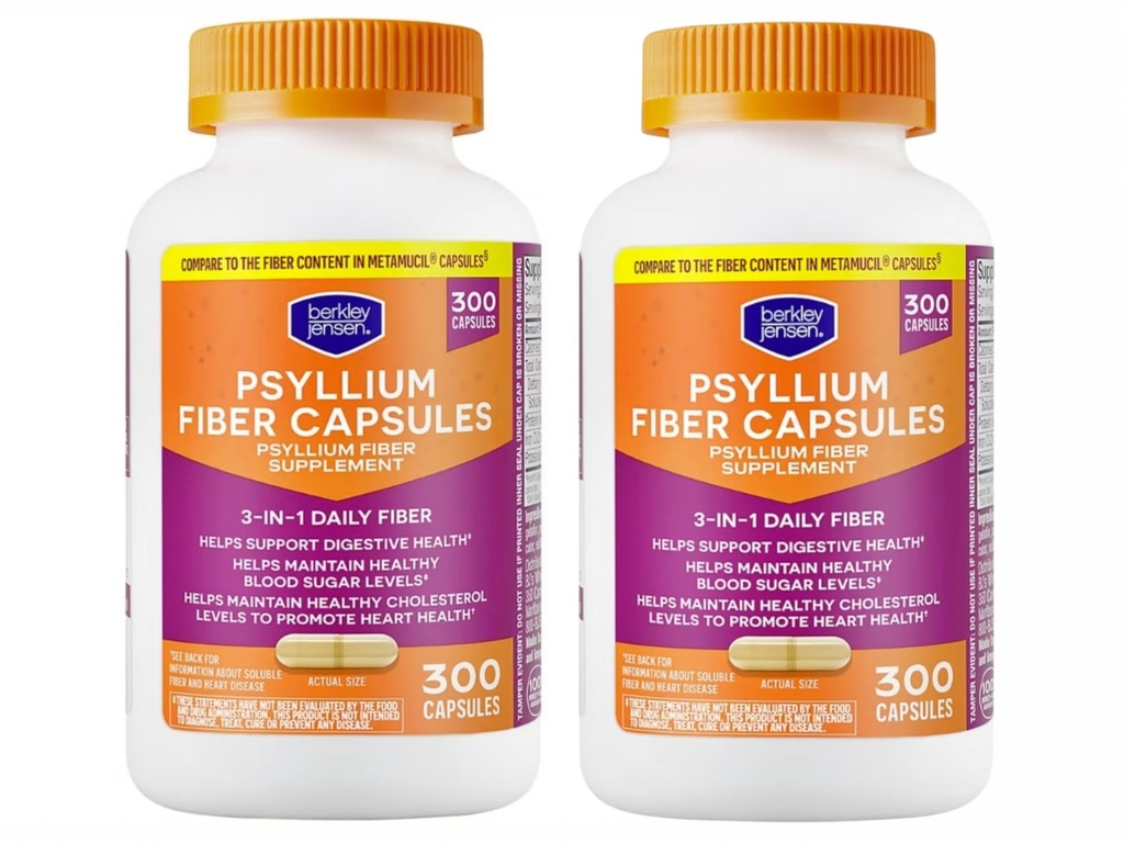 Berkley Jensen Daily Psyllium Husk Supplement (600 - comte), Fibre naturelle pour les hommes et les femmes - Capsules de fibre pour la santé globale digestive, la constipation amaigrissante, l'absorption des nutriments, Fabriqué aux États-Unis